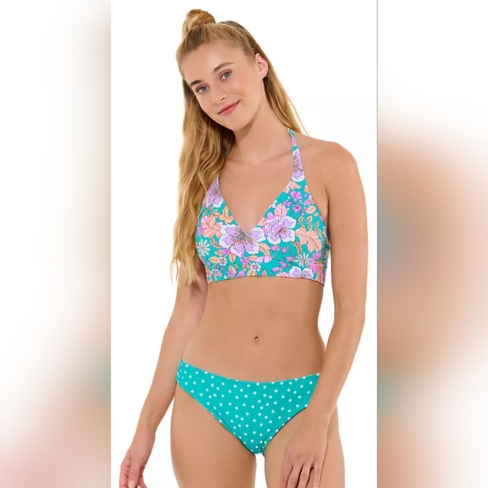 Ninety-Nine° Floral & Polka Dot Reversible Halter Bikini Top (L)